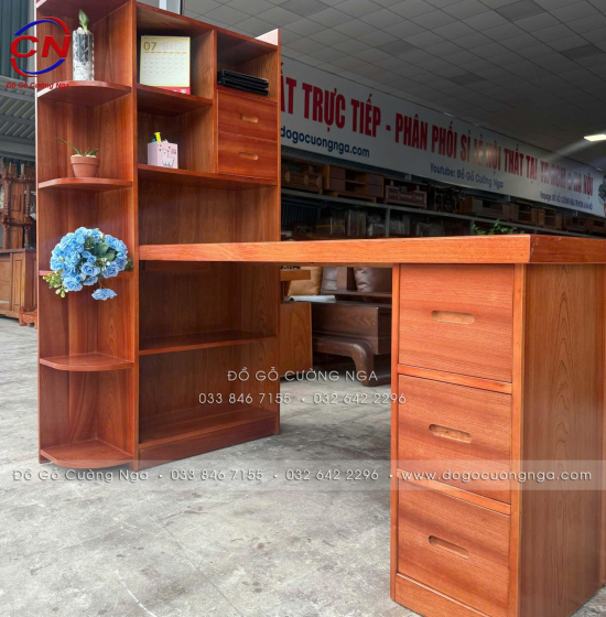 Bàn Làm Việc Gỗ Xoan Đào Kèm Kệ Sách Hiện Đại, Bền Chắc