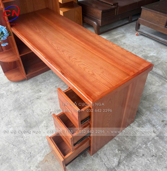 Bàn Làm Việc Gỗ Xoan Đào Kèm Kệ Sách Hiện Đại, Bền Chắc