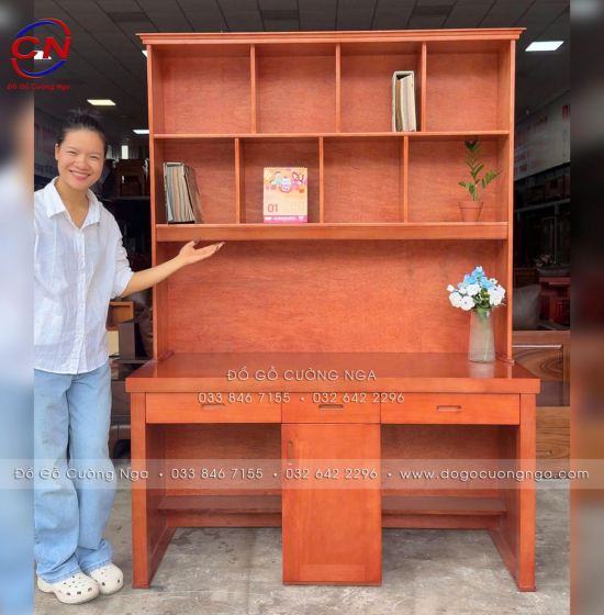 Bàn Học Đôi Gỗ Xoan Đào 1m4 Cho 2 Bé Ngồi – Rộng Rãi, Chắc Chắn
