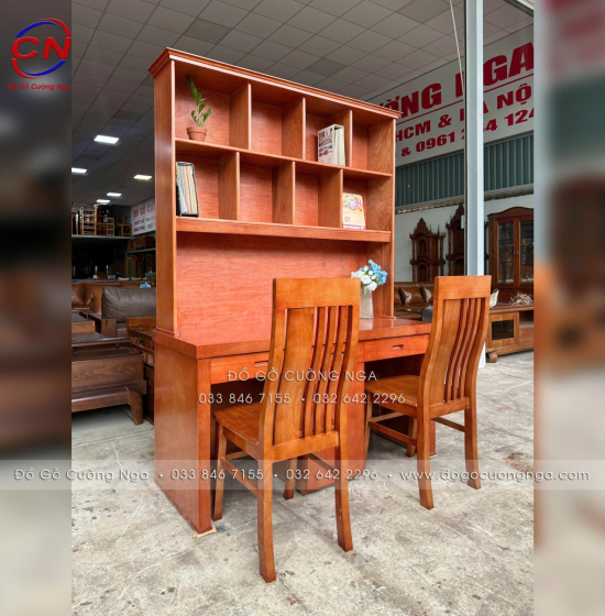Bàn Học Đôi Gỗ Xoan Đào 1m4 Cho 2 Bé Ngồi – Rộng Rãi, Chắc Chắn