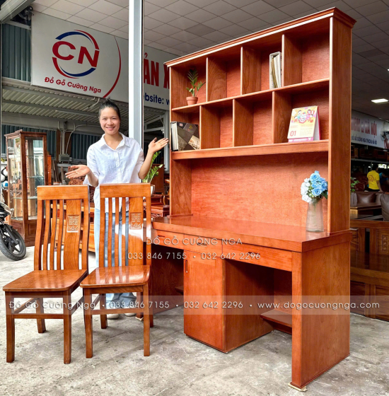 Bàn Học Đôi Gỗ Xoan Đào 1m4 Cho 2 Bé Ngồi – Rộng Rãi, Chắc Chắn