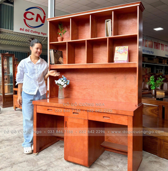 Bàn Học Đôi Gỗ Xoan Đào 1m4 Cho 2 Bé Ngồi – Rộng Rãi, Chắc Chắn
