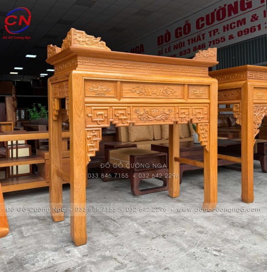Bàn Thờ Gỗ Gõ Đỏ 1m27 Chạm Sen Kèm Tủ Cơm 