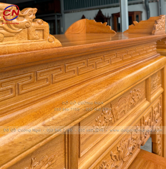 Bàn Thờ Án Gian Gỗ Gõ Đỏ 1m27 Thiết Kế Chạm Sen Trang Nghiêm, Cân Đối