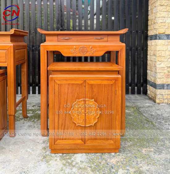 Bàn Thờ Kèm Tủ Cơm Gỗ Gõ Đỏ 1m07 Cho Chung Cư, Căn Hộ 