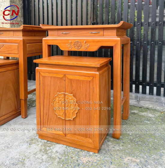 Bàn Thờ Kèm Tủ Cơm Gỗ Gõ Đỏ 1m07 Cho Chung Cư, Căn Hộ 