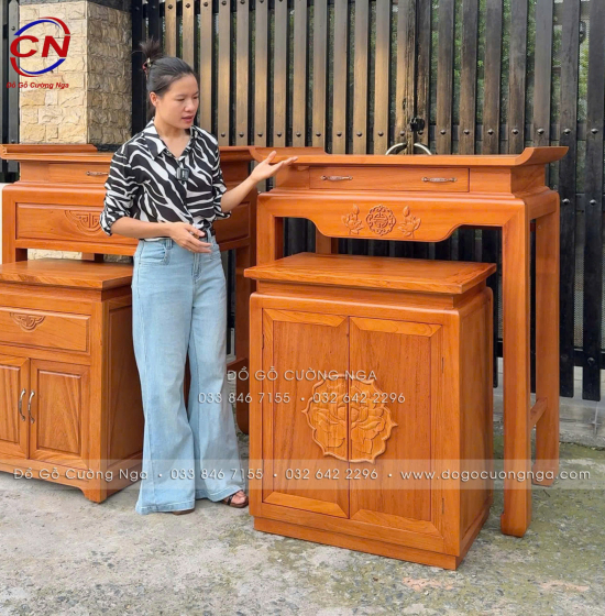 Bàn Thờ Kèm Tủ Cơm Gỗ Gõ Đỏ 1m07 Cho Chung Cư, Căn Hộ 