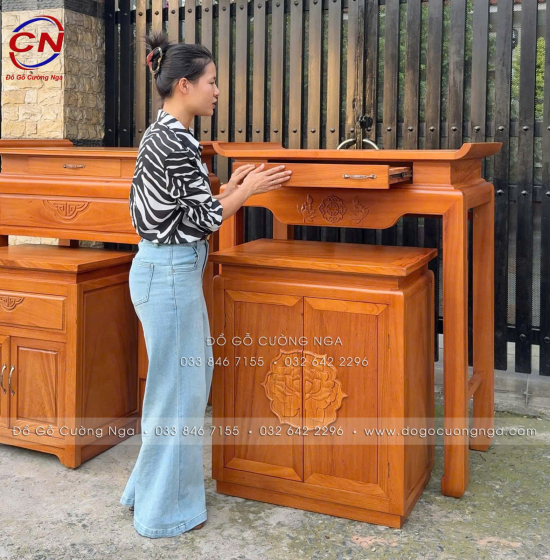 Bàn Thờ Kèm Tủ Cơm Gỗ Gõ Đỏ 1m07 Cho Chung Cư, Căn Hộ 