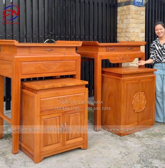 Bàn Thờ Gỗ Gõ Đỏ Kèm Tủ Cơm 98cm Phong Thủy Đẹp Cho Chung Cư, Nhà Phố