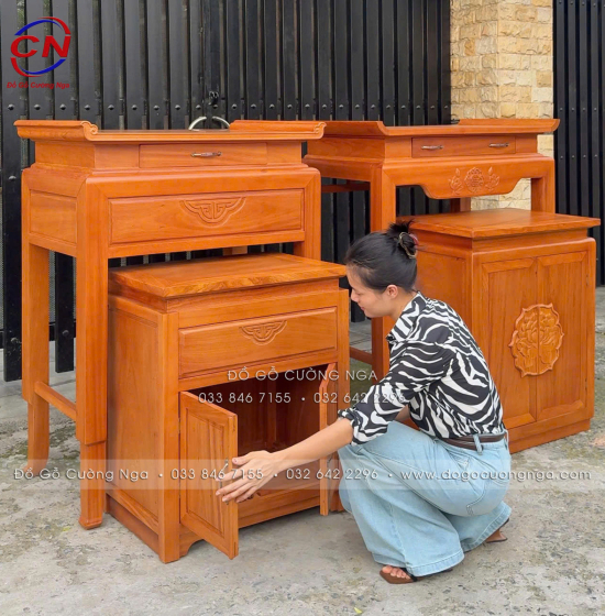 Bàn Thờ Kèm Tủ Cơm Gỗ Gõ Đỏ 1m07 Cho Chung Cư, Căn Hộ 