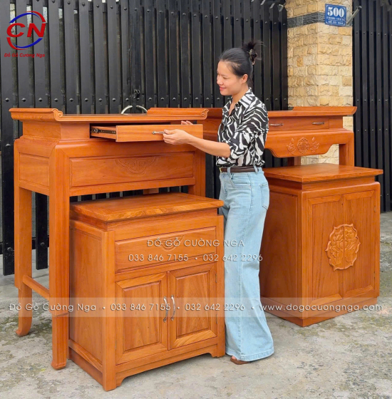 Bàn Thờ Gỗ Gõ Đỏ Kèm Tủ Cơm 98cm Phong Thủy Đẹp Cho Chung Cư, Nhà Phố