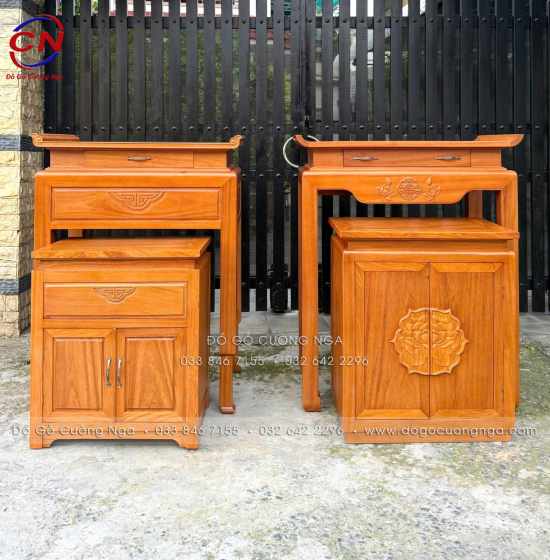 Bàn Thờ Gỗ Gõ Đỏ Kèm Tủ Cơm 98cm Phong Thủy Đẹp Cho Chung Cư, Nhà Phố