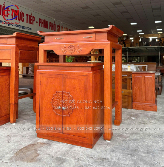 Bộ Bàn Thờ Gỗ Hương Đá 1m07 Chạm Sen Cho Chung Cư, Căn Hộ 