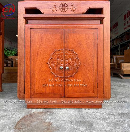 Bộ Bàn Thờ Gỗ Hương Đá 1m07 Chạm Sen Cho Chung Cư, Căn Hộ 