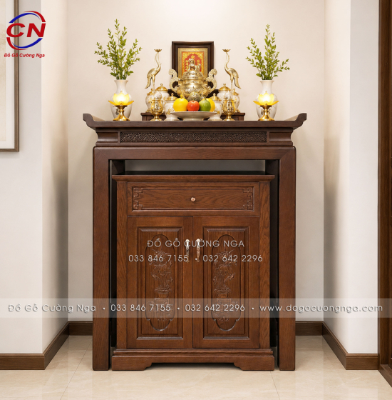 Bàn Thờ Gỗ Sồi Mỹ Màu Óc Chó Hiện Đại Kèm Tủ Cơm