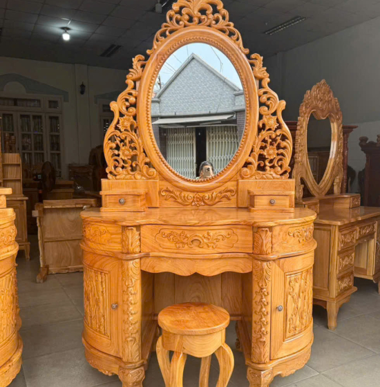 Bàn Trang Điểm Gỗ Gõ Đỏ Mẫu Hoàng Gia Dài 1m2 Mặt Nguyên Tấm 3cm 