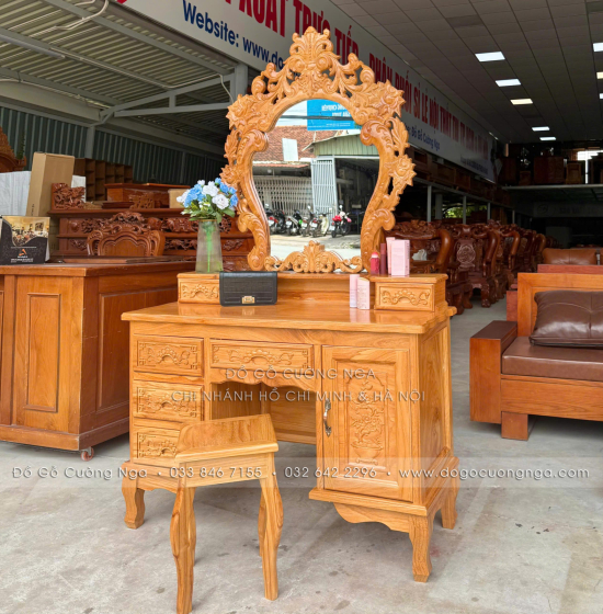 Bàn Phấn Trang Điểm Gỗ Gõ Đỏ Cao Cấp 1m1 Gương Hoa Hồng 
