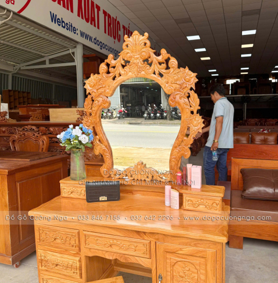 Bàn Phấn Trang Điểm Gỗ Gõ Đỏ Cao Cấp 1m1 Gương Hoa Hồng 