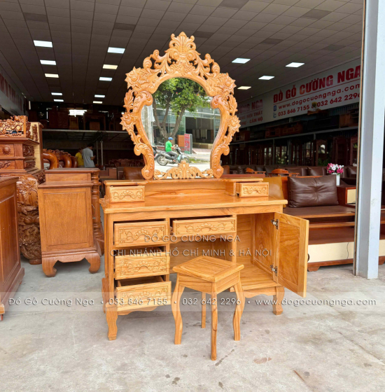 Bàn Phấn Trang Điểm Gỗ Gõ Đỏ Cao Cấp 1m1 Gương Hoa Hồng 