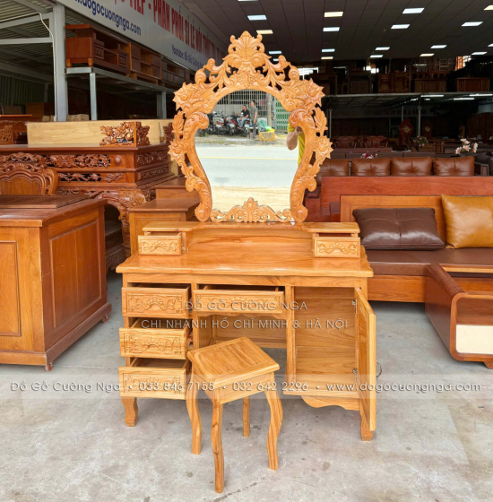 Bàn Phấn Trang Điểm Gỗ Gõ Đỏ Cao Cấp 1m1 Gương Hoa Hồng 