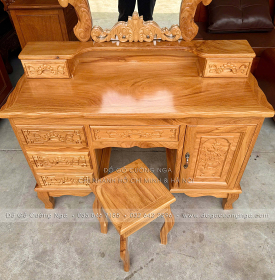 Bàn Phấn Trang Điểm Gỗ Gõ Đỏ Cao Cấp 1m1 Gương Hoa Hồng 