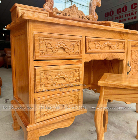 Bàn Phấn Trang Điểm Gỗ Gõ Đỏ Cao Cấp 1m1 Gương Hoa Hồng 