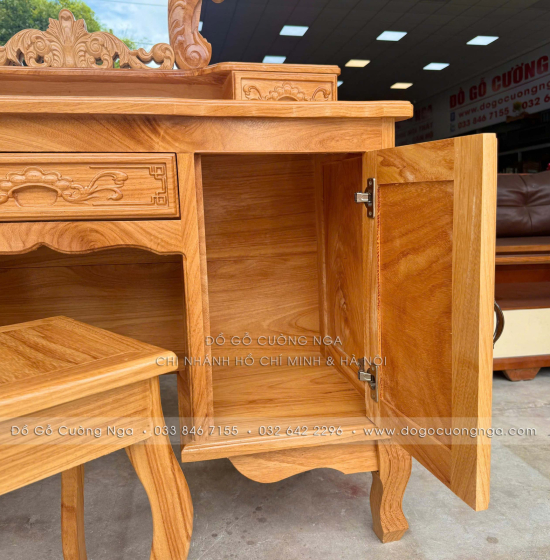 Bàn Phấn Trang Điểm Gỗ Gõ Đỏ Cao Cấp 1m1 Gương Hoa Hồng 