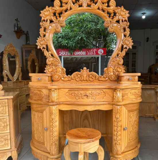 Bàn Trang Điểm Gỗ Gõ Đỏ 1m2 Thiết Kế Hoàng Gia Mặt Nguyên Tấm 3cm