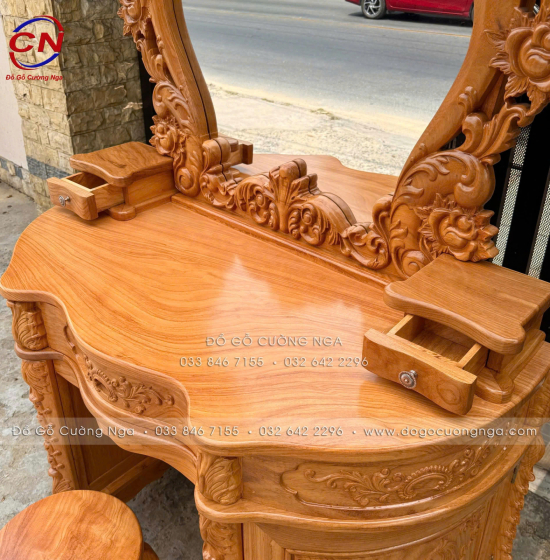 Bàn Trang Điểm Gỗ Gõ Đỏ 1m2 Thiết Kế Hoàng Gia Mặt Nguyên Tấm 3cm