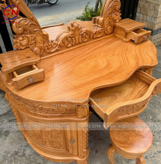 Bàn Trang Điểm Gỗ Gõ Đỏ 1m2 Thiết Kế Hoàng Gia Mặt Nguyên Tấm 3cm