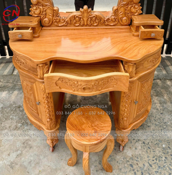Bàn Trang Điểm Gỗ Gõ Đỏ 1m2 Thiết Kế Hoàng Gia Mặt Nguyên Tấm 3cm