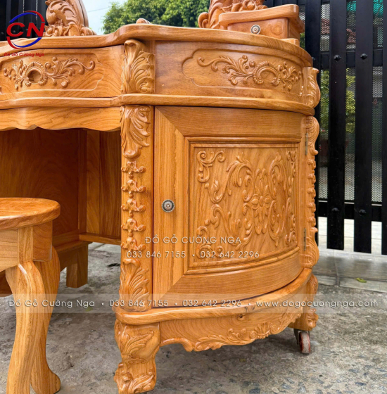 Bàn Trang Điểm Gỗ Gõ Đỏ 1m2 Thiết Kế Hoàng Gia Mặt Nguyên Tấm 3cm