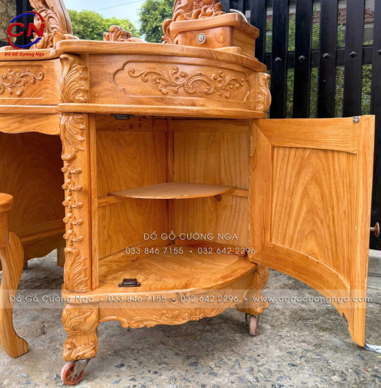 Bàn Trang Điểm Gỗ Gõ Đỏ 1m2 Thiết Kế Hoàng Gia Mặt Nguyên Tấm 3cm