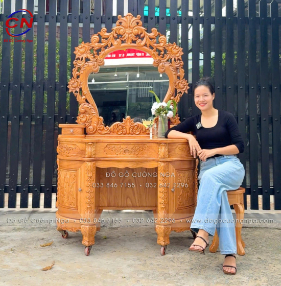 Bàn Trang Điểm Gỗ Gõ Đỏ 1m2 Thiết Kế Hoàng Gia Mặt Nguyên Tấm 3cm