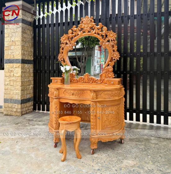 Bàn Trang Điểm Gỗ Gõ Đỏ 1m2 Thiết Kế Hoàng Gia Mặt Nguyên Tấm 3cm