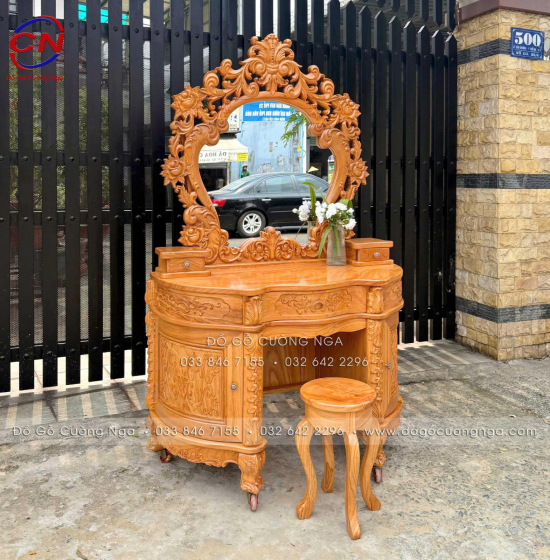 Bàn Trang Điểm Gỗ Gõ Đỏ 1m2 Thiết Kế Hoàng Gia Mặt Nguyên Tấm 3cm