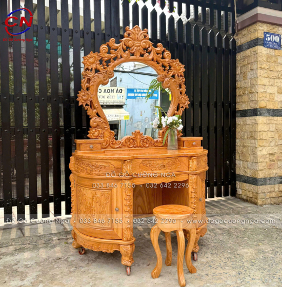 Bàn Trang Điểm Gỗ Gõ Đỏ 1m2 Thiết Kế Hoàng Gia Mặt Nguyên Tấm 3cm