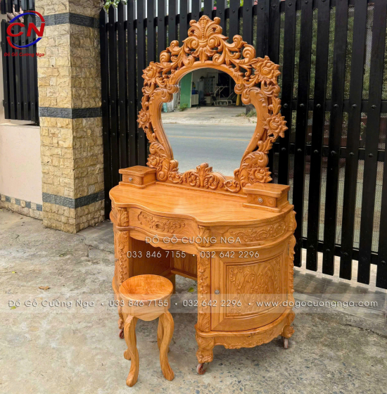 Bàn Trang Điểm Gỗ Gõ Đỏ 1m2 Thiết Kế Hoàng Gia Mặt Nguyên Tấm 3cm