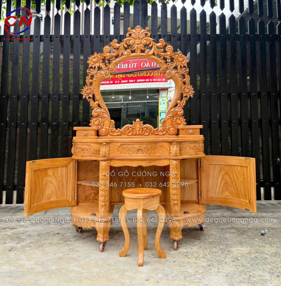 Bàn Trang Điểm Gỗ Gõ Đỏ 1m2 Thiết Kế Hoàng Gia Mặt Nguyên Tấm 3cm