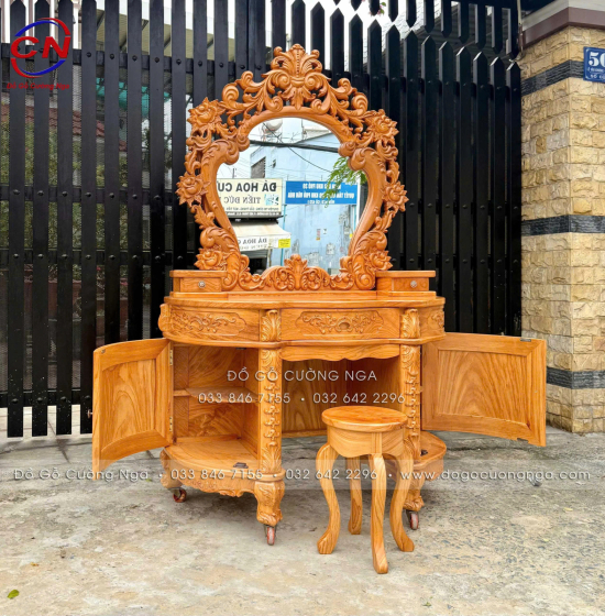 Bàn Trang Điểm Gỗ Gõ Đỏ 1m2 Thiết Kế Hoàng Gia Mặt Nguyên Tấm 3cm