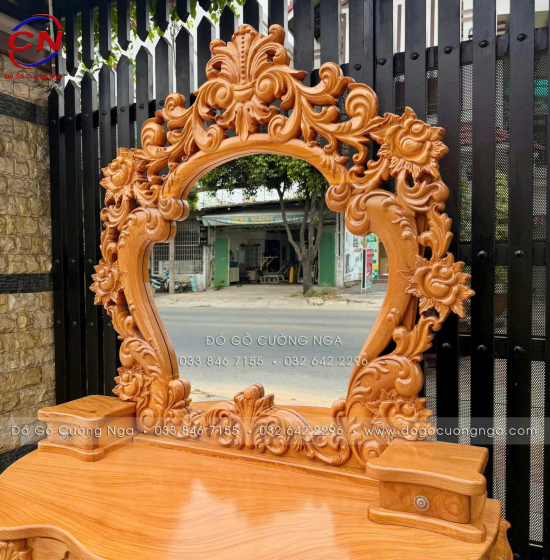 Bàn Trang Điểm Gỗ Gõ Đỏ 1m2 Thiết Kế Hoàng Gia Mặt Nguyên Tấm 3cm