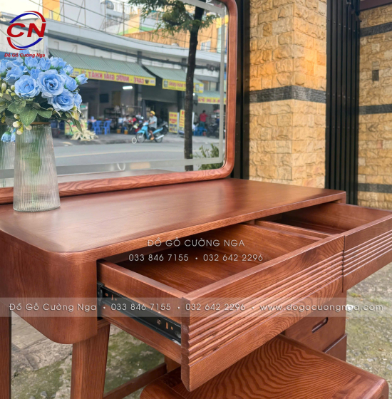 Bàn Trang Điểm Gỗ Sồi Nga Gương Đèn LED 1m Màu Óc Chó - Gương Vuông 