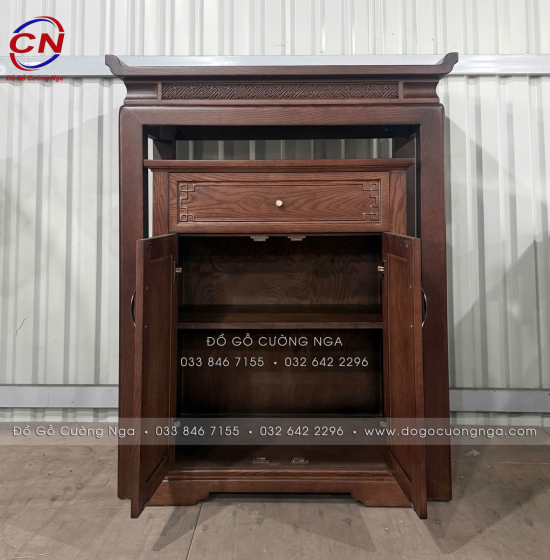 Bàn Thờ Gỗ Sồi Mỹ Màu Óc Chó Hiện Đại Kèm Tủ Cơm