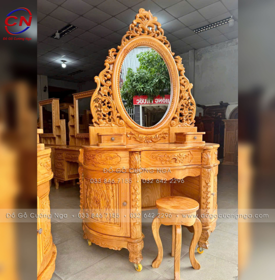 Bàn Trang Điểm Gỗ Gõ Đỏ Mẫu Hoàng Gia Dài 1m2 Mặt Nguyên Tấm 3cm 