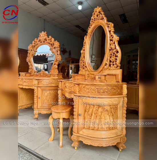Bàn Trang Điểm Gỗ Gõ Đỏ Mẫu Hoàng Gia Dài 1m2 Mặt Nguyên Tấm 3cm 
