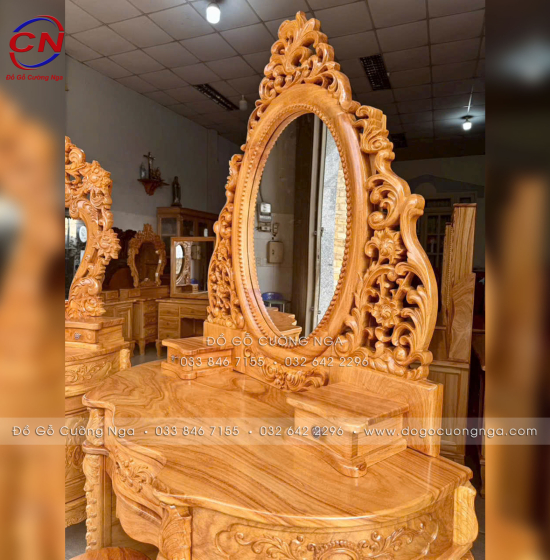 Bàn Trang Điểm Gỗ Gõ Đỏ Mẫu Hoàng Gia Dài 1m2 Mặt Nguyên Tấm 3cm 