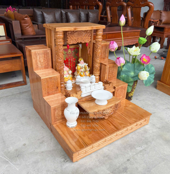 Trọn Bộ Bàn Thờ Ông Địa - Thần Tài Gỗ Gõ Đỏ 6 Món