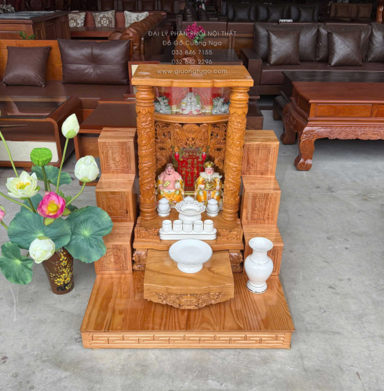 Trọn Bộ Bàn Thờ Ông Địa - Thần Tài Gỗ Gõ Đỏ 6 Món - Có Hộp Đèn