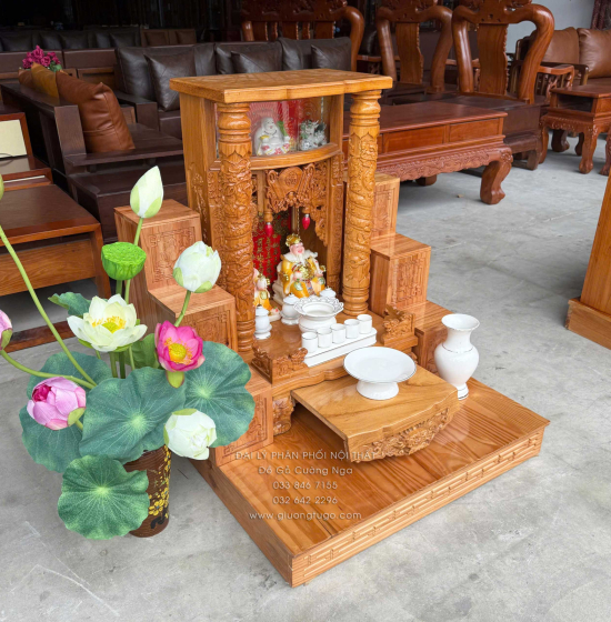 Trọn Bộ Bàn Thờ Ông Địa - Thần Tài Gỗ Gõ Đỏ 6 Món - Có Hộp Đèn