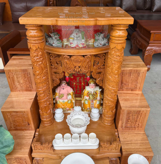 Trọn Bộ Bàn Thờ Ông Địa - Thần Tài Gỗ Gõ Đỏ 6 Món - Có Hộp Đèn